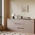 Modern Light Gray Console Cabinet And Sideboard With Table Lamp Wall Art And Window Blinds