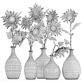 Decorative Ornament Set With Yellow Sunflowers And Brown White Ceramic Vases Small Dot Patterns