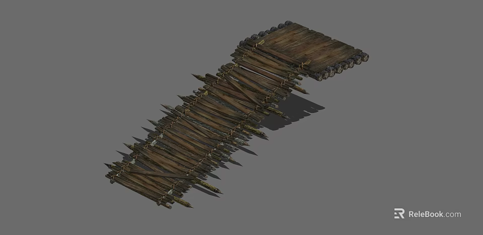 Medieval Wooden Defensive Bridge With Spiked Supports And Planks 3d model 