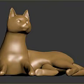 Golden Cat Statue with Metallic Finish in Reclining Pose and Reflection