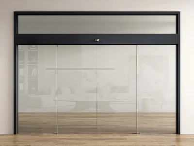 Black Frame Transparent Glass Sliding Door With Indoor Furniture And Wooden Floor 3d model
