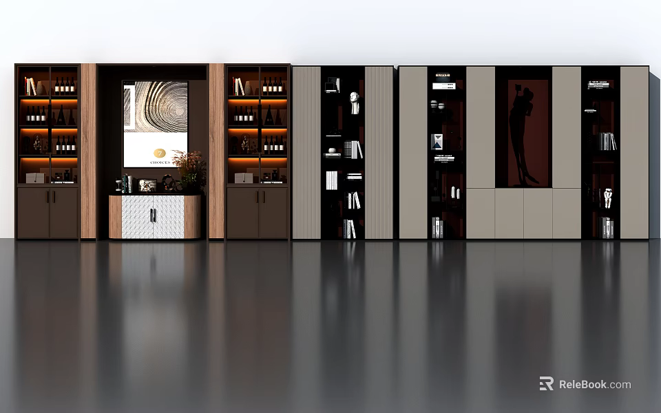 Modern Wine Cabinet With Glass Display Doors LED Lighting And Wooden Shelves 3d model 