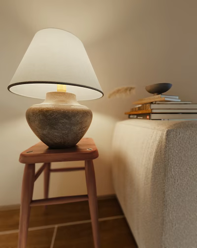 Ceramic Base Table Lamp With White Lampshade Black Trim On Wooden Stool By Beige Furniture 3d model