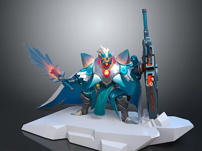 Mythical Creature Armored Warrior Character With Flaming Sword Gun And Cape On Stone Platform 3d model