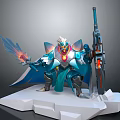 Mythical Creature Armored Warrior Character With Flaming Sword Gun And Cape On Stone Platform