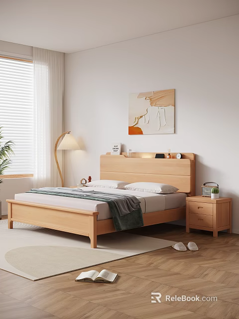 Wooden Double Bed with Headboard Nightstand Table Lamp Potted Plant and Wall Art Near Window 3d model 