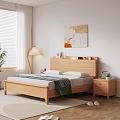 Wooden Double Bed with Headboard Nightstand Table Lamp Potted Plant and Wall Art Near Window