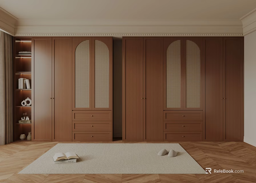 Elegant Wooden Wardrobe Interior With Arched Doors Drawers And Side Shelves 3d model 