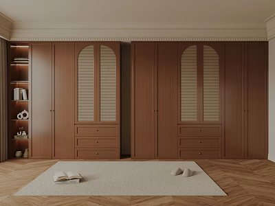 Elegant Wooden Wardrobe Interior With Arched Doors Drawers And Side Shelves 3d model
