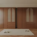 Elegant Wooden Wardrobe Interior With Arched Doors Drawers And Side Shelves