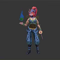 Game And Movie Character With Pink Hair Helmet Blue Armor Holding Flame And Sword