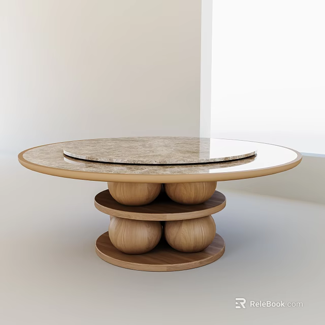 Round Modern Dining Table With Marble Tabletop And Three Tiered Wooden Spherical Base 3d model