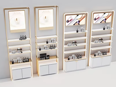 Modern Retail Display Shelves With Gold Frame Multi Layer White Cabinets And Cosmetic Products 3d model