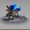 Mystical Fox Like Creature With Blue Flame Fur On Ground With Stones And Plants