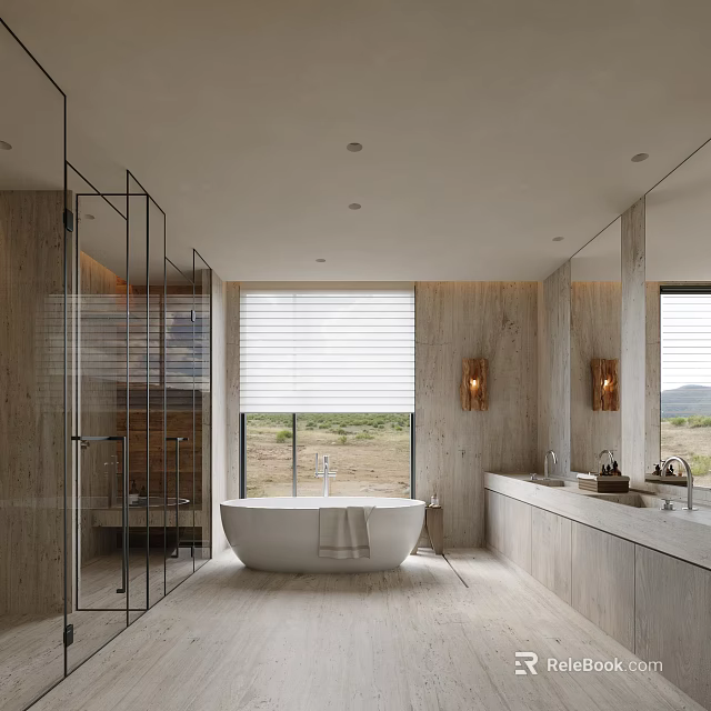 Modern Bathroom Interior With Glass Shower White Bathtub Large Window Blinds And Double Vanity 3d model 
