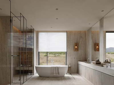 Modern Bathroom Interior With Glass Shower White Bathtub Large Window Blinds And Double Vanity 3d model