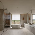 Modern Bathroom Interior With Glass Shower White Bathtub Large Window Blinds And Double Vanity