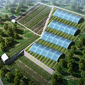 Scenic Garden Landscape with Glass Greenhouses Lush Trees Green Fields and Winding Pathways