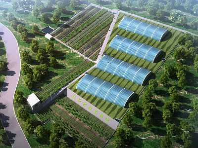 Scenic Garden Landscape with Glass Greenhouses Lush Trees Green Fields and Winding Pathways 3d model