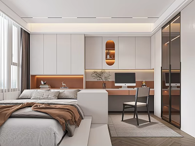 Modern Tatami Bedroom Interior Design With Tatami Bed Storage Cabinets Desk And Computer 3d model
