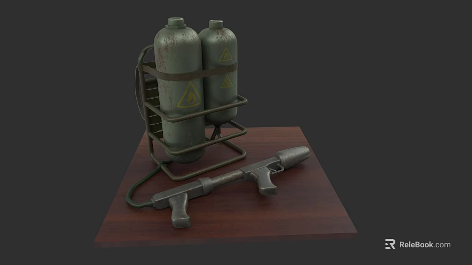 Tactical Weapon With Gas Cylinders And Warning Signs On Metal Rack Wooden Platform 3d model 