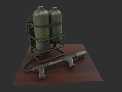 Tactical Weapon With Gas Cylinders And Warning Signs On Metal Rack Wooden Platform 3d model