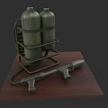 Tactical Weapon With Gas Cylinders And Warning Signs On Metal Rack Wooden Platform