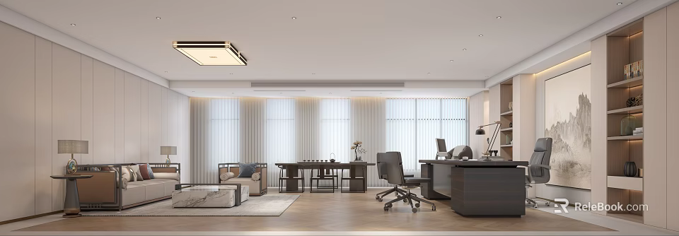 Modern Office Interior Design With Large Windows Curtains Desk Office Chair Sofa And Rug 3d model 