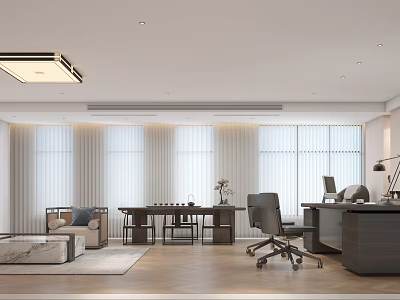 Modern Office Interior Design With Large Windows Curtains Desk Office Chair Sofa And Rug 3d model