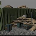 Weapon Storage Structure Covered In Green Cloth With Sandbags Wooden Crates And Trees Around
