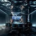 Elegant Private Dining Room Interior With Whale Sculptures Dining Table And Night View 3d model