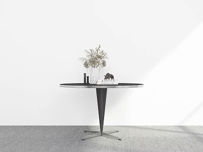 Modern Round Dining Table with Marble Top Dried Flowers Vase and Metal Legs in Minimalist Style 3d model