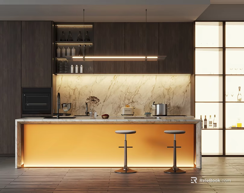 Modern Kitchen Interior With Dark Wooden Cabinets Marble Countertop Bar Stools And Lighting 3d model 