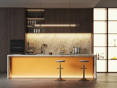 Modern Kitchen Interior With Dark Wooden Cabinets Marble Countertop Bar Stools And Lighting 3d model