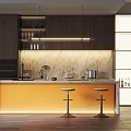 Modern Kitchen Interior With Dark Wooden Cabinets Marble Countertop Bar Stools And Lighting
