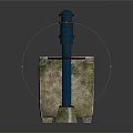 Garden Ornament Featuring Square Moss Covered Stone Basin With Blue Metal Faucet And Orange Handle