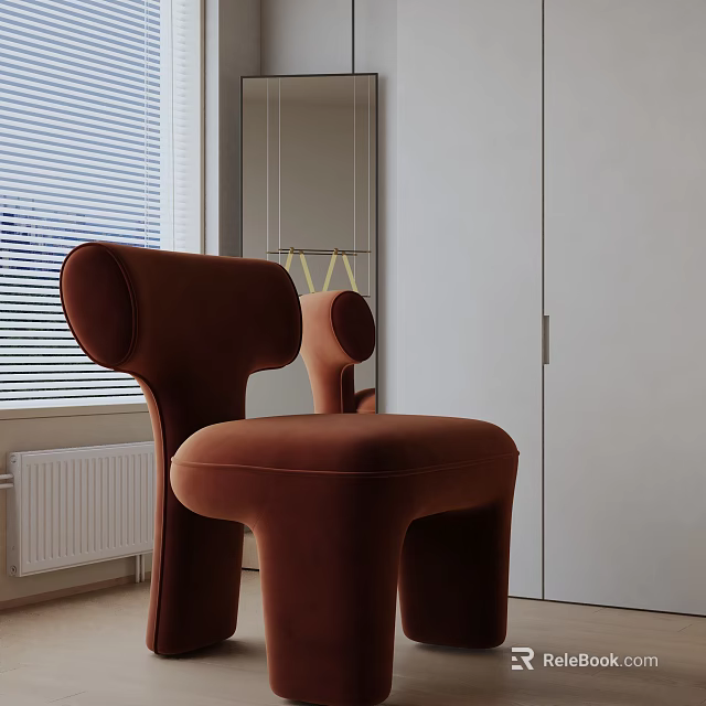 Modern Minimalist Brown Velvet Leisure Chair With Curved Armrests In Indoor Space With Window Blinds 3d model 