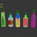 Five Transparent Glass Bottles With Red Caps And Various Shapes On Reflective Surface