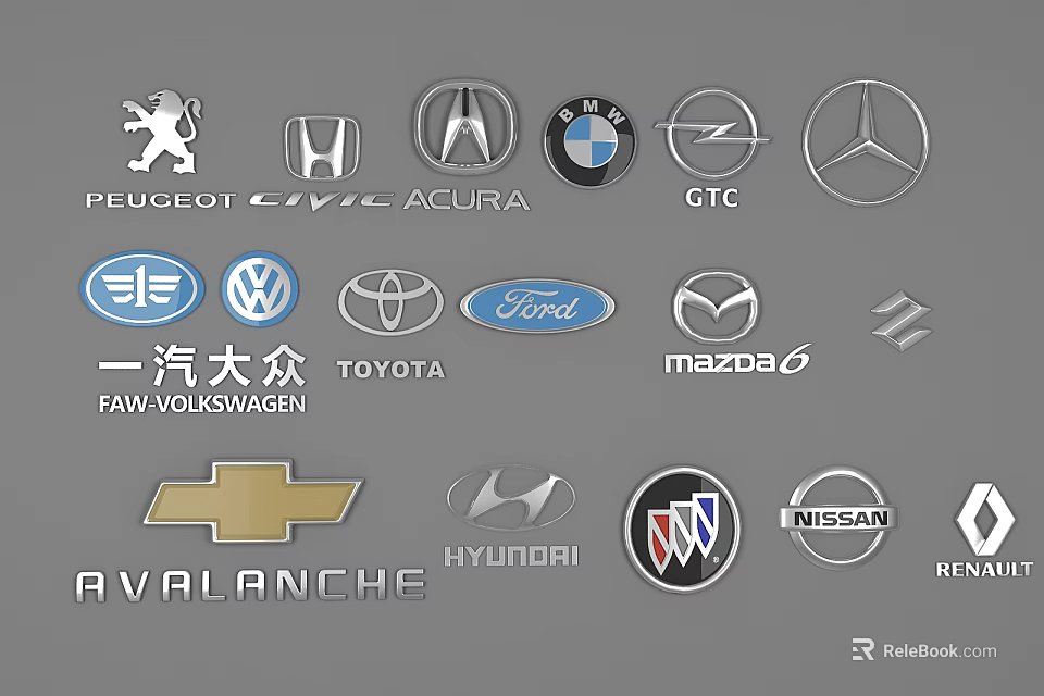 Different Types Of Automotive Brand Logos Collection Including Major Car Manufacturers Emblems 3d model 