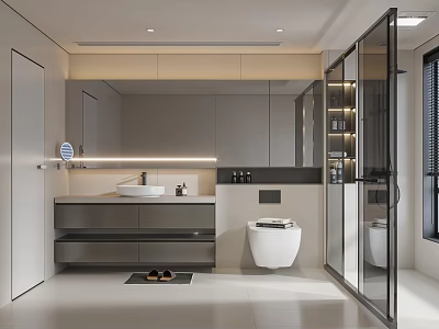 Modern Bathroom Interior Design With Vanity Large Mirror Cabinets Toilet And Glass Shower Partition 3d model