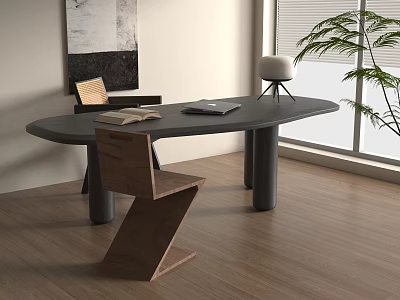 Modern Home Office Desk With Wooden Chair Open Book And Floor Lamp 3d model