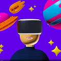Cheerful Person Wearing VR Headset With Planets Stars And Spaceship In Purple Background