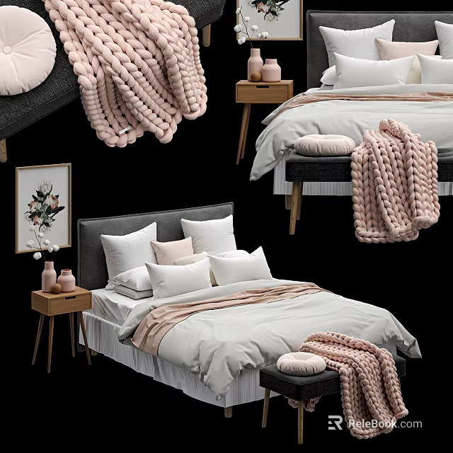 Cozy Double Bed With Plush Pillows Knitted Blanket And Nightstand Decor 3d model 