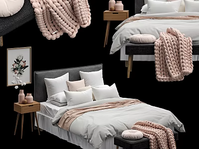 Cozy Double Bed With Plush Pillows Knitted Blanket And Nightstand Decor 3d model