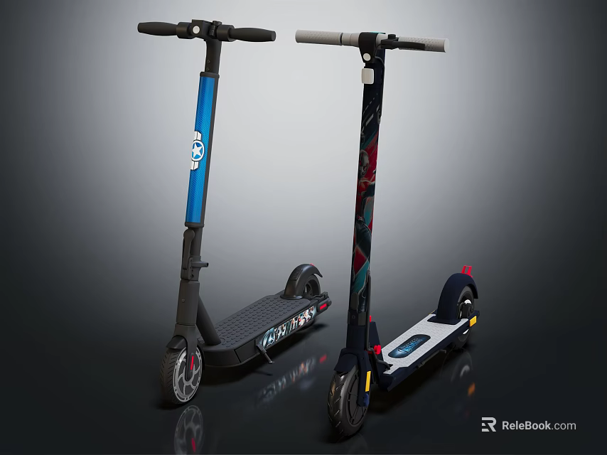 Two Stylish Electric Sports Scooters With Different Colorful Designs And Wheels 3d model 