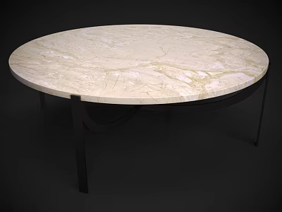 Round Beige Veined Marble Dining Table with Black Metal Legs Modern Design 3d model