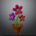 Colorful Potted Flowers In Red Pot With Pink Purple Red Petals Green Stems Yellow Centers