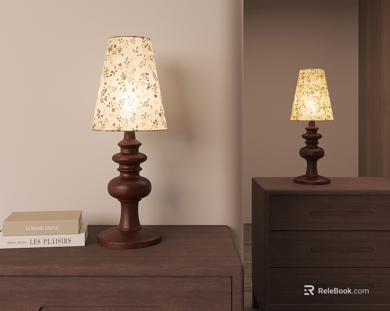 Decorative Table Lamp With Brown Wooden Base And Floral Pattern Lampshade On Wooden Furniture 3d model 