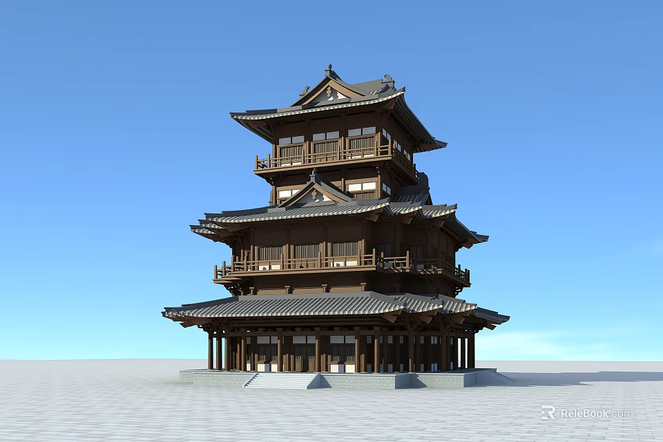 Ancient Traditional Multi Story Wooden Tower With Overhanging Eaves And Windows 3d model 