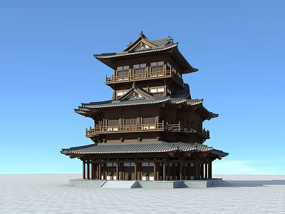 Ancient Traditional Multi Story Wooden Tower With Overhanging Eaves And Windows 3d model